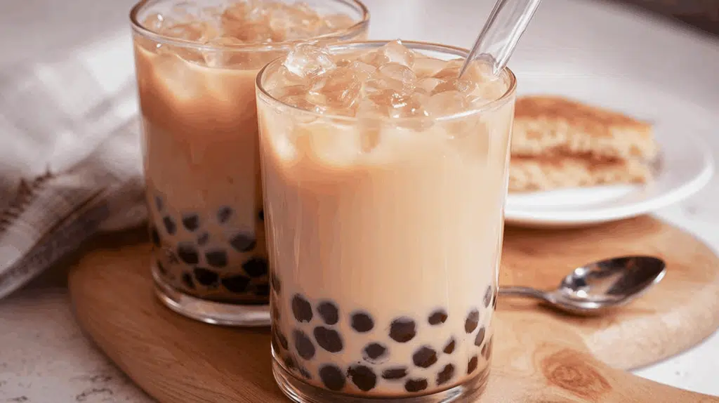 Hokkaido Milk Tea Recipe 3 Two glasses of iced Hokkaido milk tea with tapioca pearls on a wooden tray
