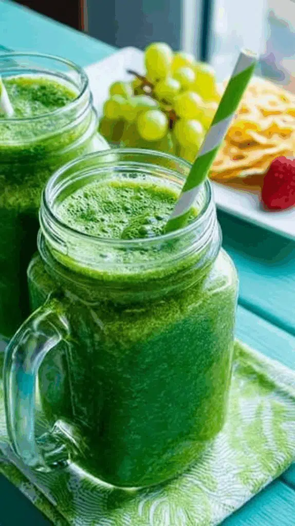 The Only 5-Minute Green Detox Smoothie Recipe You'll Ever 4 Green detox smoothies in mason jars with striped paper straws