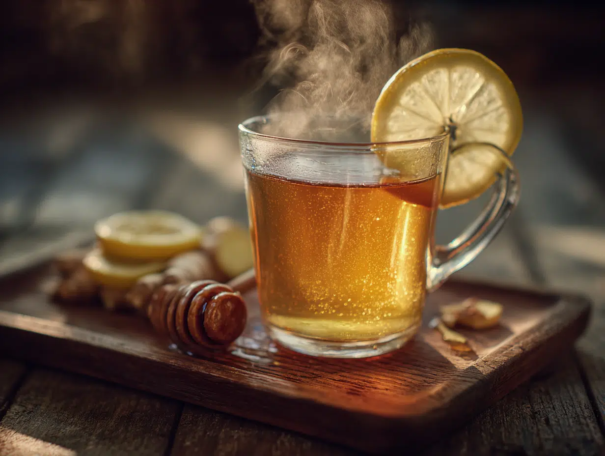 The Only Lemon Tea with Honey and Ginger Recipe You’ll Ever Need 1 Steaming mug of lemon tea with honey and ginger on rustic tray with lemon and ginger slices