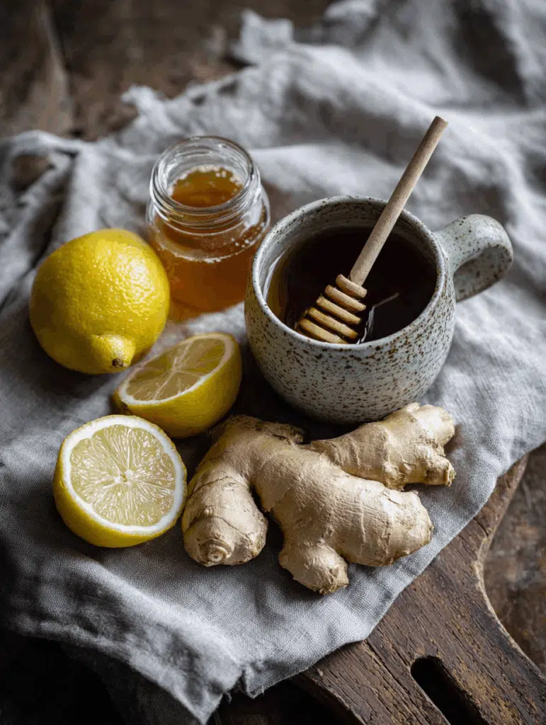 The Only Lemon Tea with Honey and Ginger Recipe You’ll Ever Need 2 Lemon Tea with Honey and Ginger, raw honey jar, and teacup on wooden surface