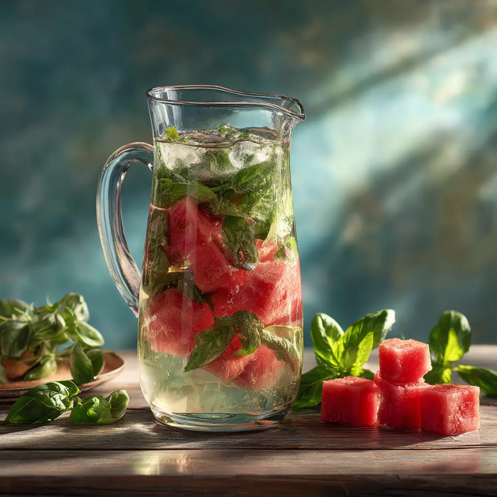 5-Minute Refreshing Mint Basil Watermelon Infused Water Recipe 1 Glass pitcher of mint basil watermelon infused water on a sunny wooden table
