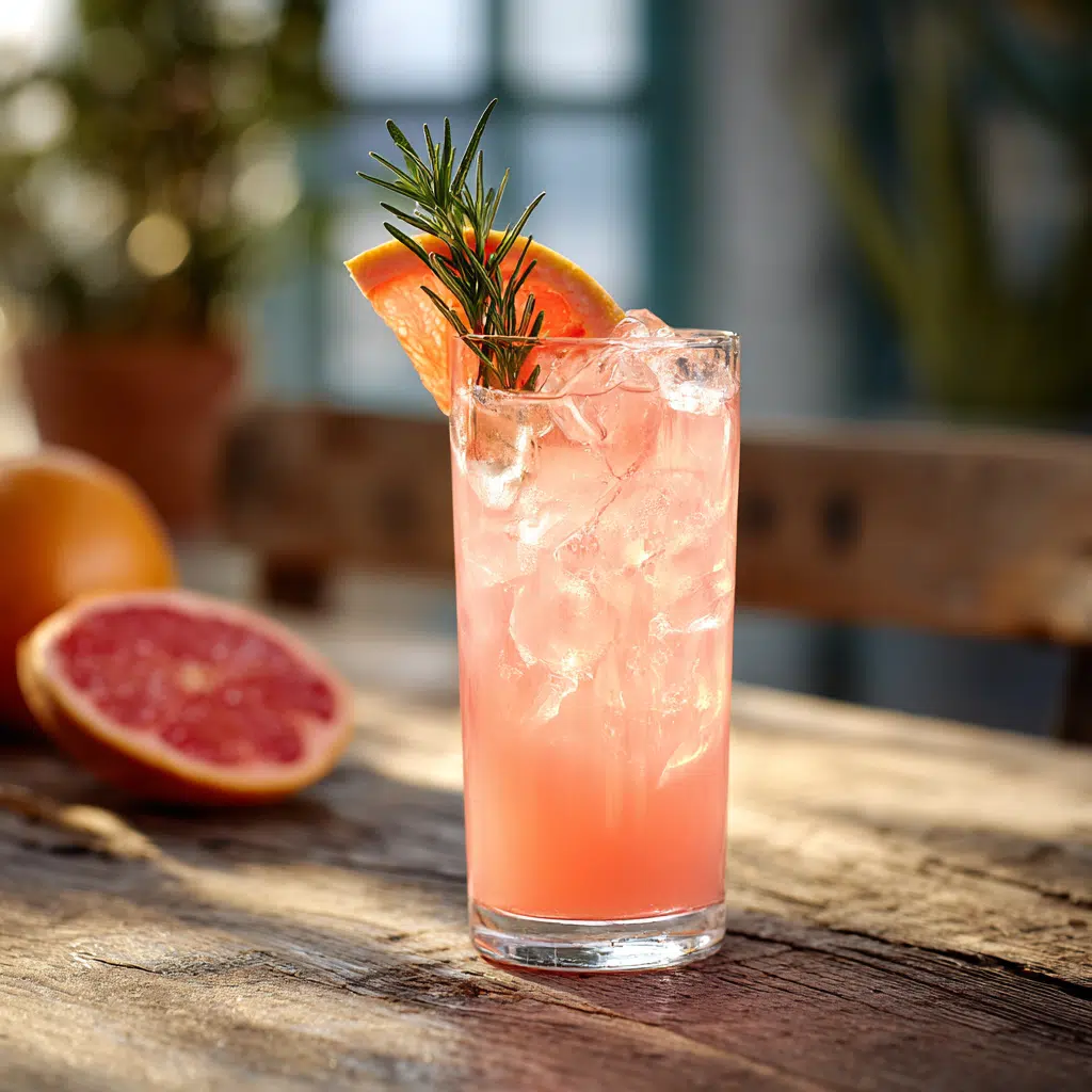 The Ultimate Homemade Grapefruit Shrub Recipe (for Tonic, Cocktails & Mocktails) 1 Tall glass of homemade grapefruit shrub recipe with ice, grapefruit twist, and rosemary on a wooden table