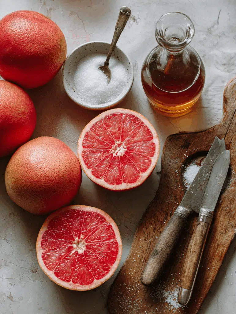 The Ultimate Homemade Grapefruit Shrub Recipe (for Tonic, Cocktails & Mocktails) 2 Flat lay of grapefruit, sugar, and vinegar ingredients for making homemade grapefruit shrub recipe