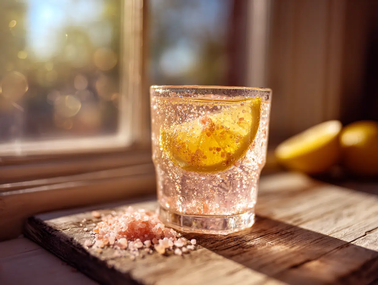 Pink Salt Weight Loss Recipe? The Truth + 3 Recipes That Actually Work 1 Glass of Pink Salt Weight Loss Recipe morning hydration drink with lemon and pink Himalayan salt on a rustic table