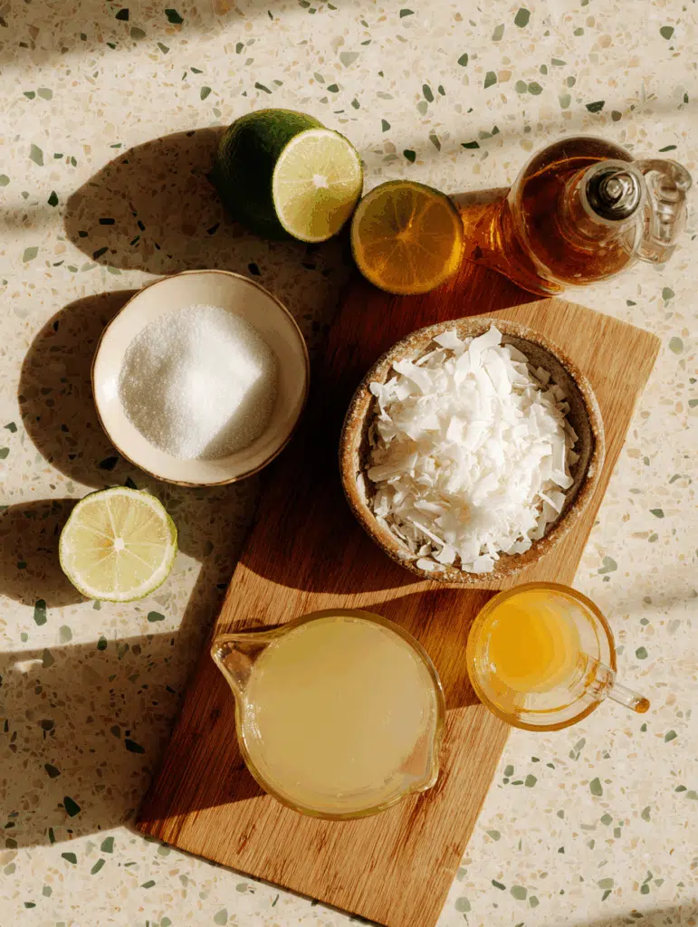 Easy 5-Step Homemade Coconut Cooler Shrub Mocktail Recipe 2 Ingredients for a homemade coconut cooler shrub mocktail laid out flat