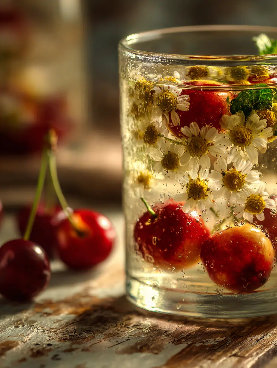 Cherry Chamomile Infused Water Calming Recipe 1 Tall glass of Cherry Chamomile Infused Water Calming Recipe on rustic table with visible tart cherries and chamomile flowers