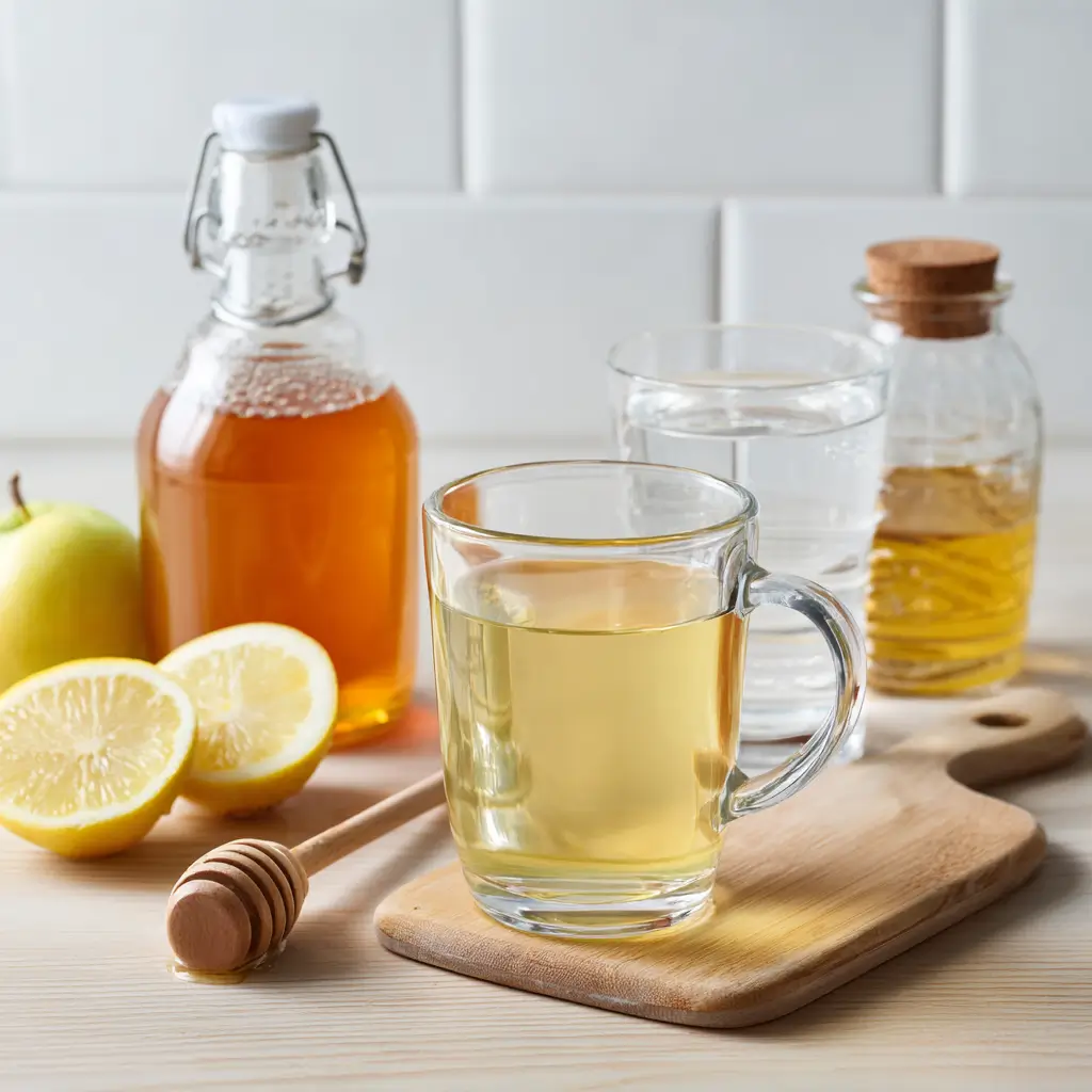 Drinking Honey and Apple Cider Vinegar: Your Complete Guide, Plus Easy Recipes! 2 Drinking honey and apple cider vinegar with lemon, raw honey, water, and apple cider vinegar shown on a kitchen counter.