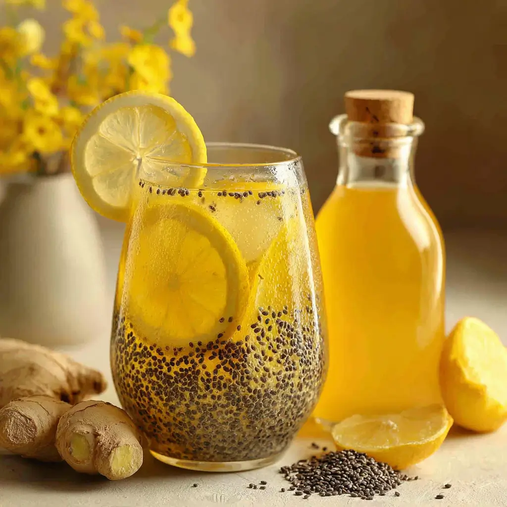 Natural Zepbound Drink Recipe: Your Daily Dose for Balanced Weight Loss 1 Natural Zepbound drink in a clear glass with lemon, chia seeds, ginger, and apple cider vinegar on a white table
