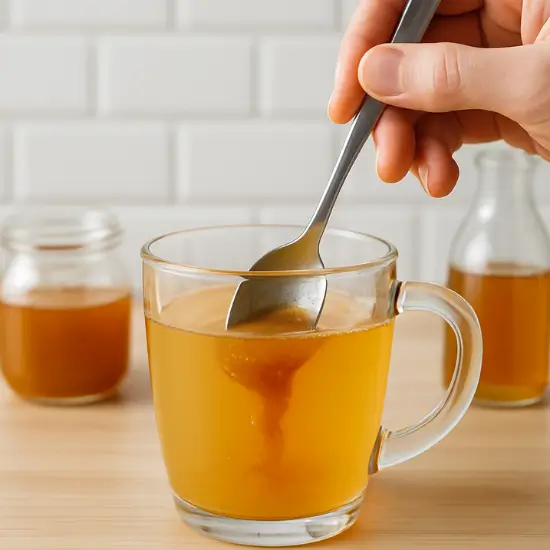 Stir in the Honey A spoon stirring thick raw honey into a golden apple cider vinegar mixture in a clear glass mug.
