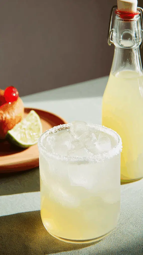 Chilled homemade ginger ale in a glass with salt rim and bottle in background