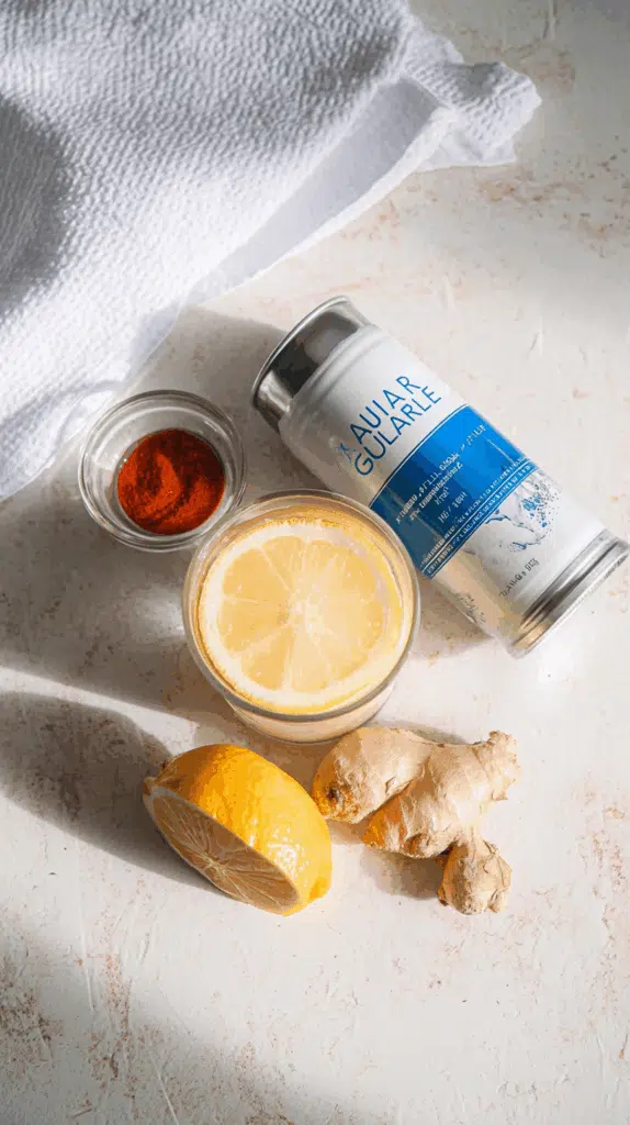 Homemade ginger ale with ginger root, lemon, and cayenne on light surface