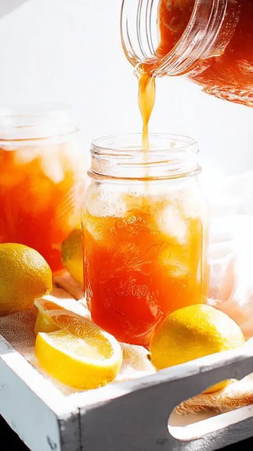 Lemon ginger kombucha recipe being poured into a mason jar with fresh lemon slices
