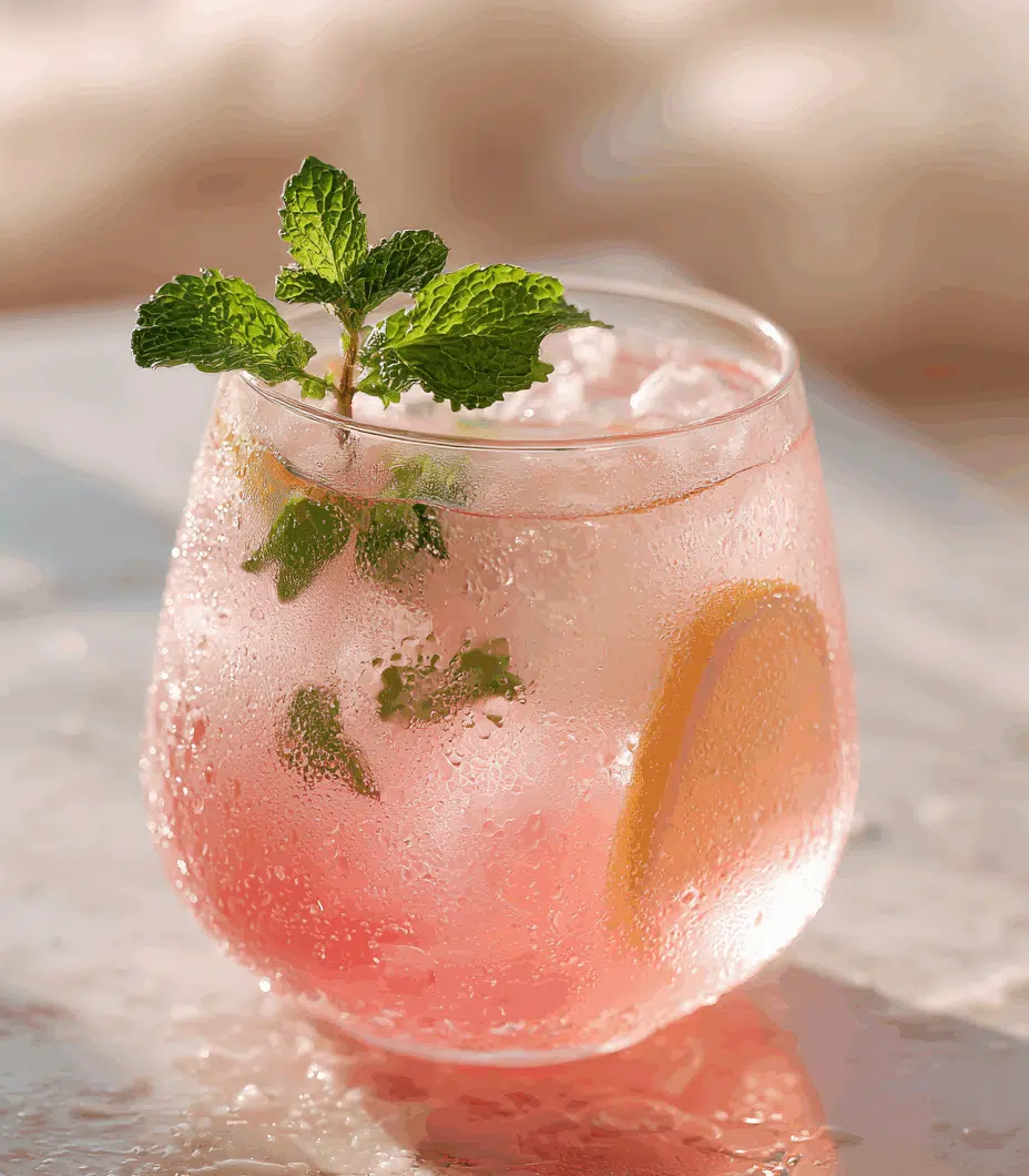 Frosted glass of finished pink salt trick recipe with lemon and mint