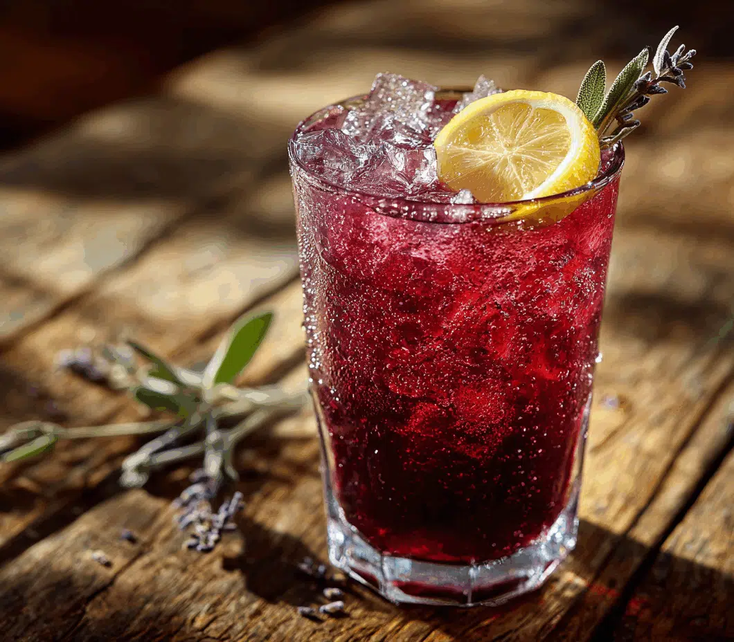 Blackberry sage lemonade refresher in a tall glass with lemon and sage garnish