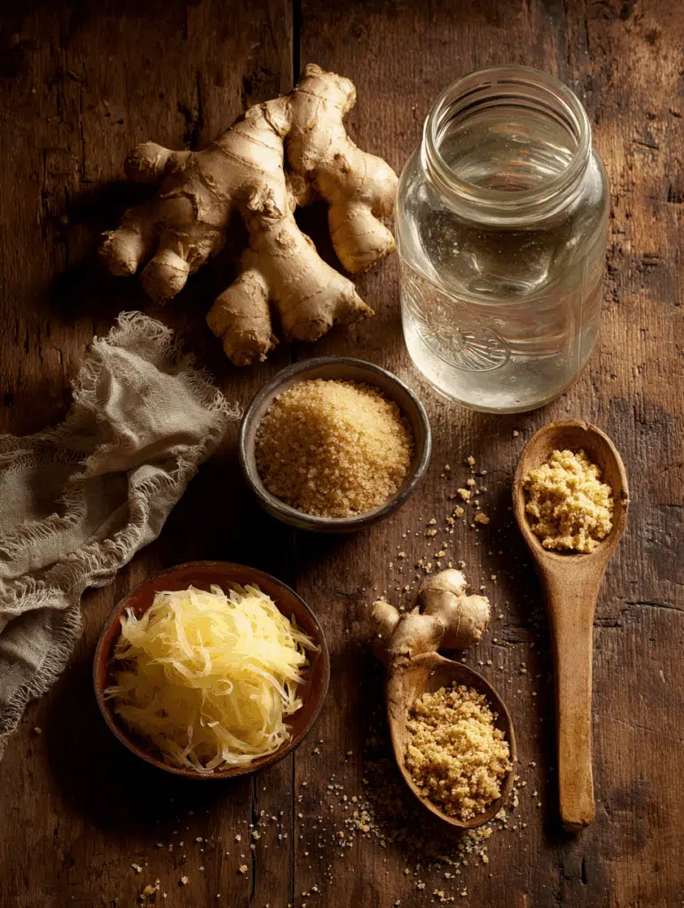 Ingredients for ginger bug recipe including organic ginger, cane sugar, filtered water, and glass jar