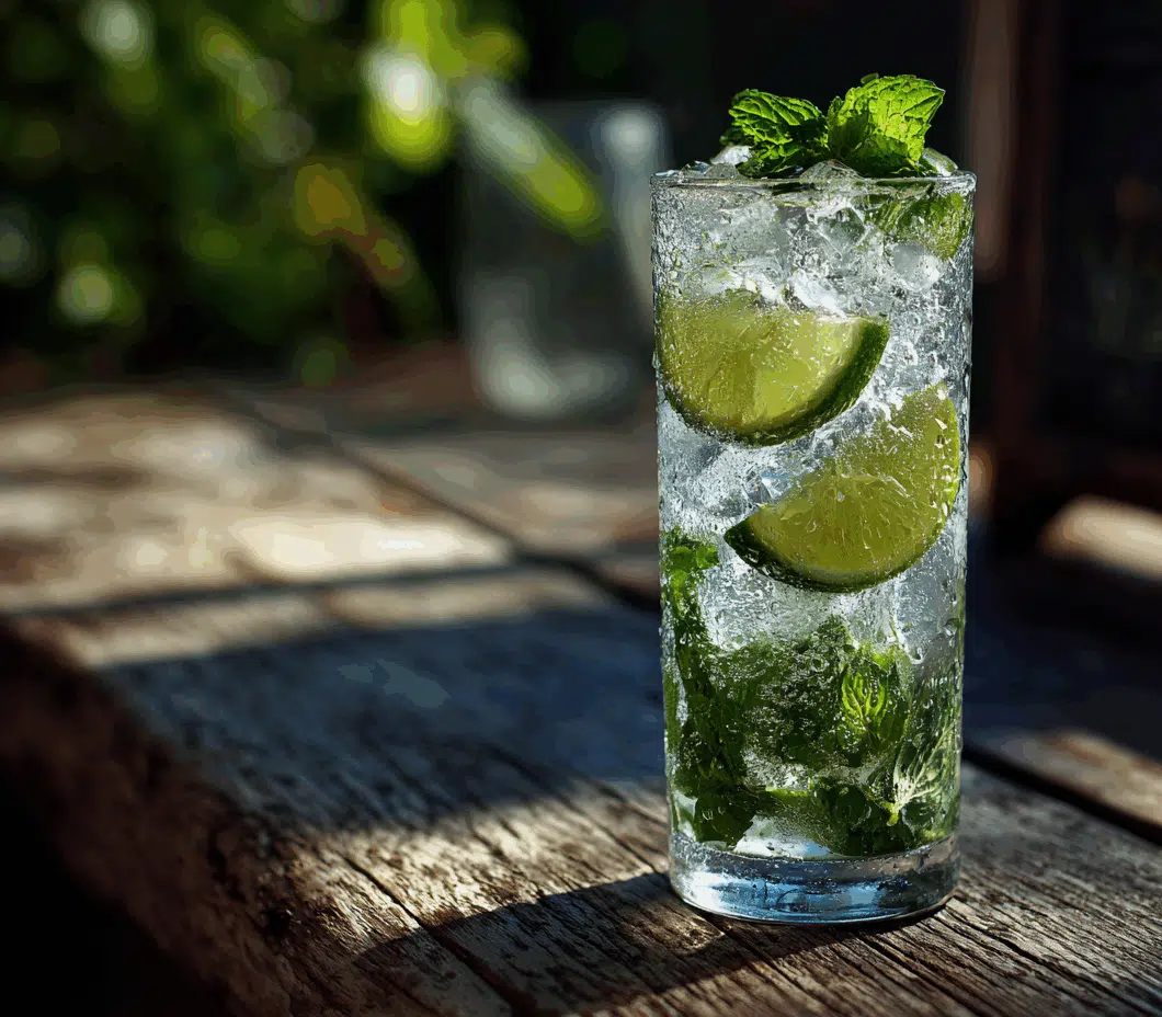 Virgin mojito recipe in a tall glass with lime and mint on rustic wood