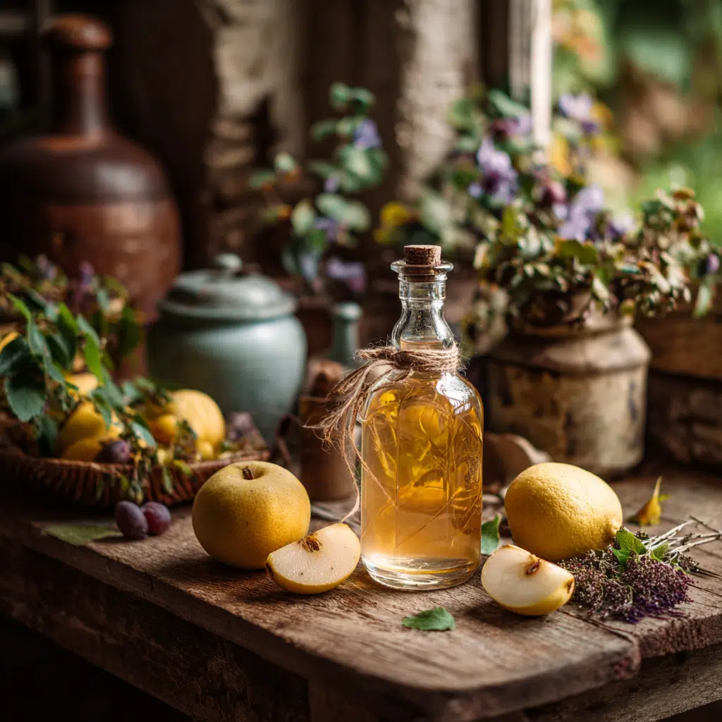 Apple quince shrub on rustic table with fruit and herbs