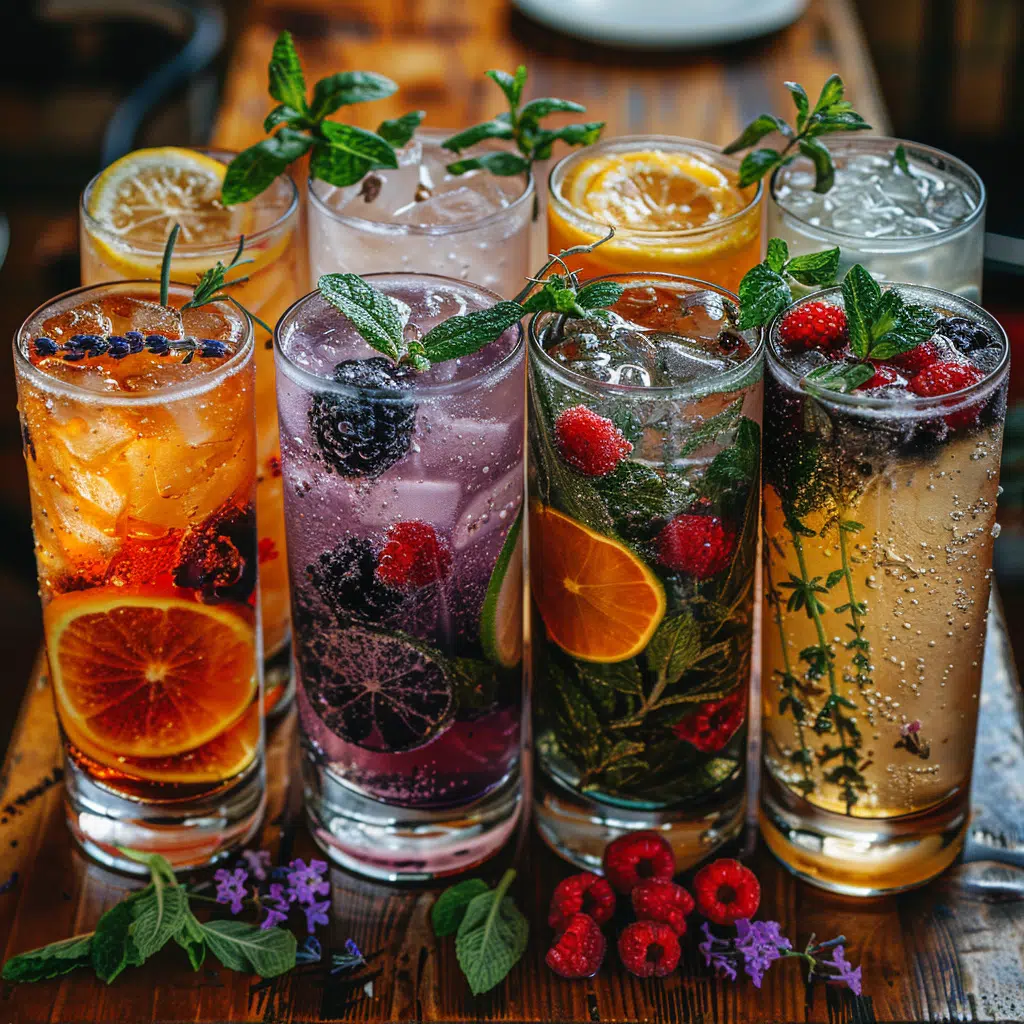 Top-down photo of five refreshing summer mocktails in different glasses with mint, citrus, and berries on a rustic wooden table