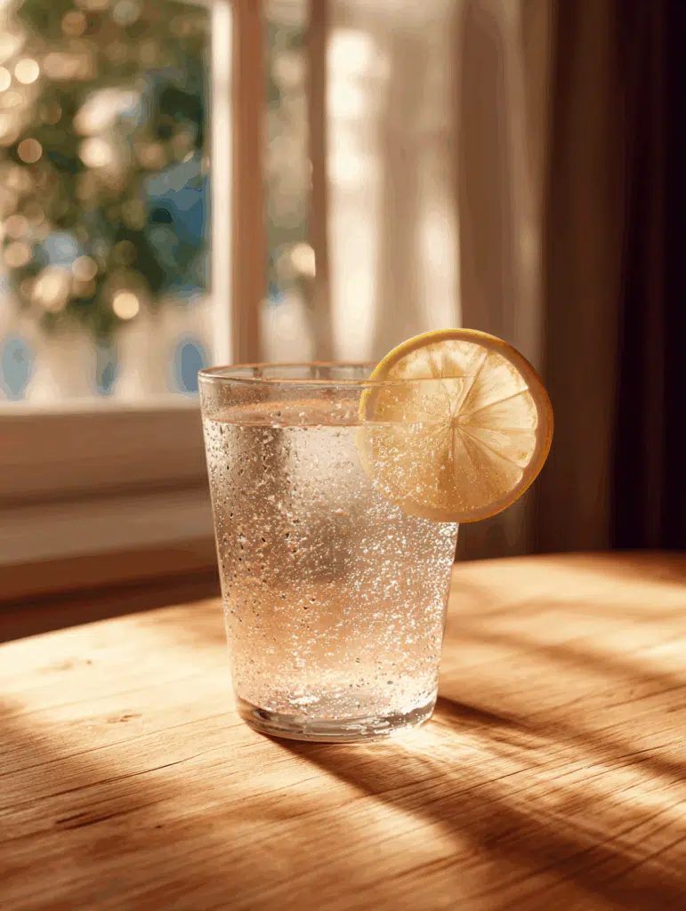 Glass of diluted sole water with lemon garnish for pink salt weight loss
