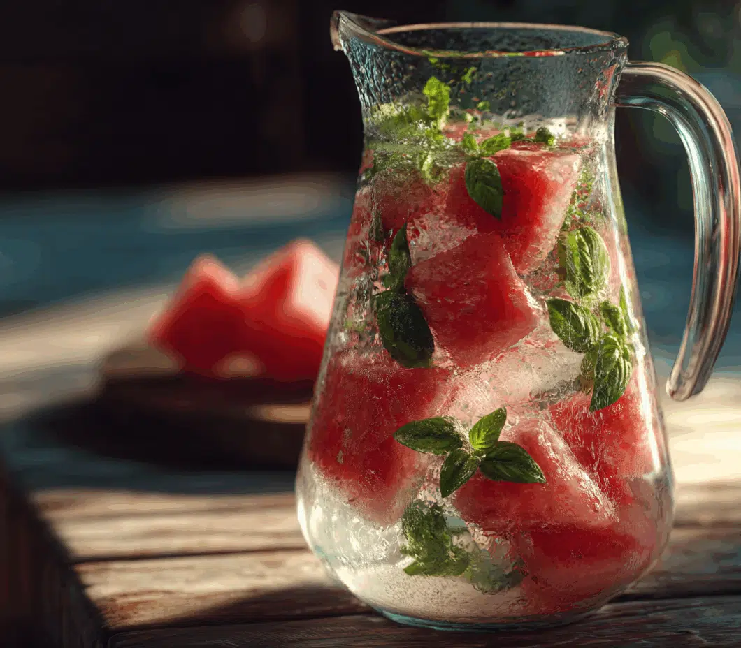 Glass pitcher of watermelon basil infused water with fresh fruit and herbs on a wooden table