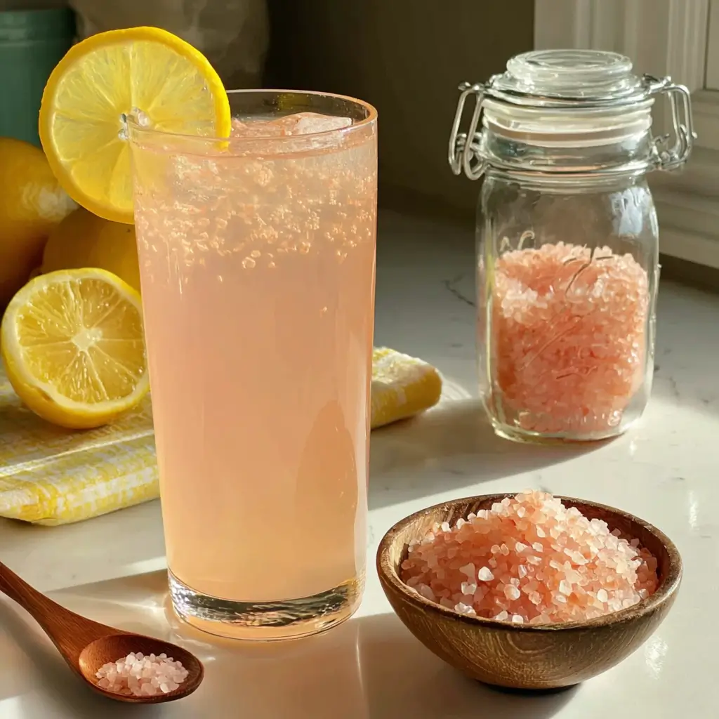 Glass of Pink Himalayan Salt Detox Drink with lemon slice and pink salt on a kitchen counter